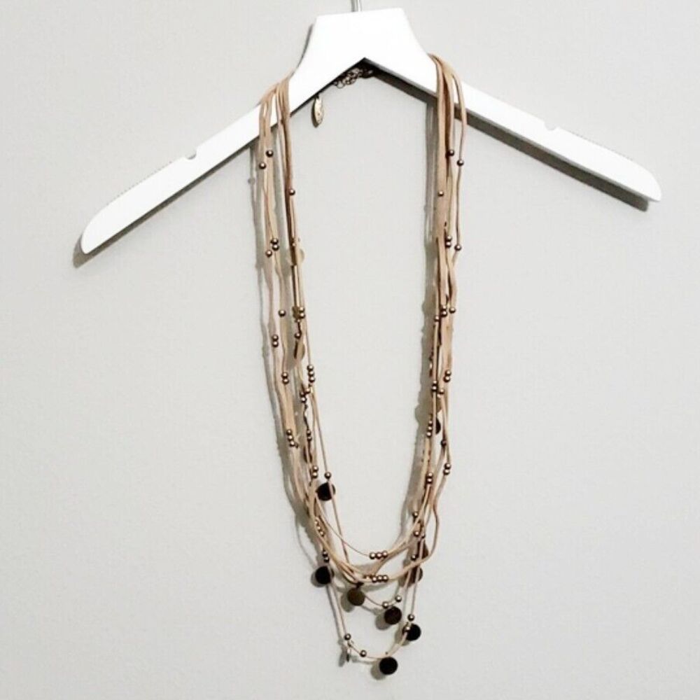 Plunder Rhiannon Tan Suede Leather Necklace Gold Beads Discs 20" Boho Festival